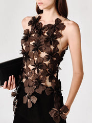 Elegant Solid Flower Patchwork Mesh Sleeveless Top