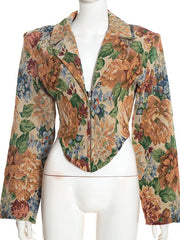 Floral Jacquard Lapel Zip Front Cropped Jacket
