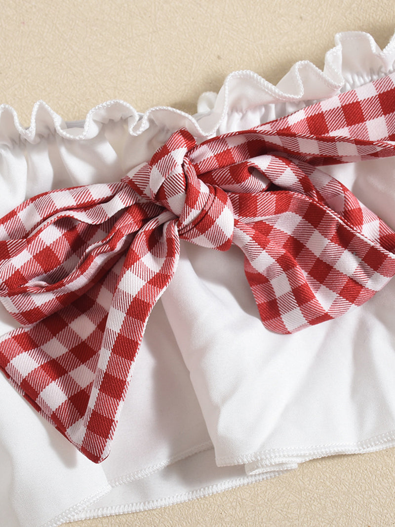 Cute Sexy Bow Strapless Top Plaid Pleated Skirt Sets