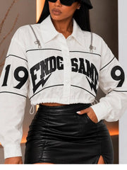 Letter Embroidered Drawstring Cropped Jacket