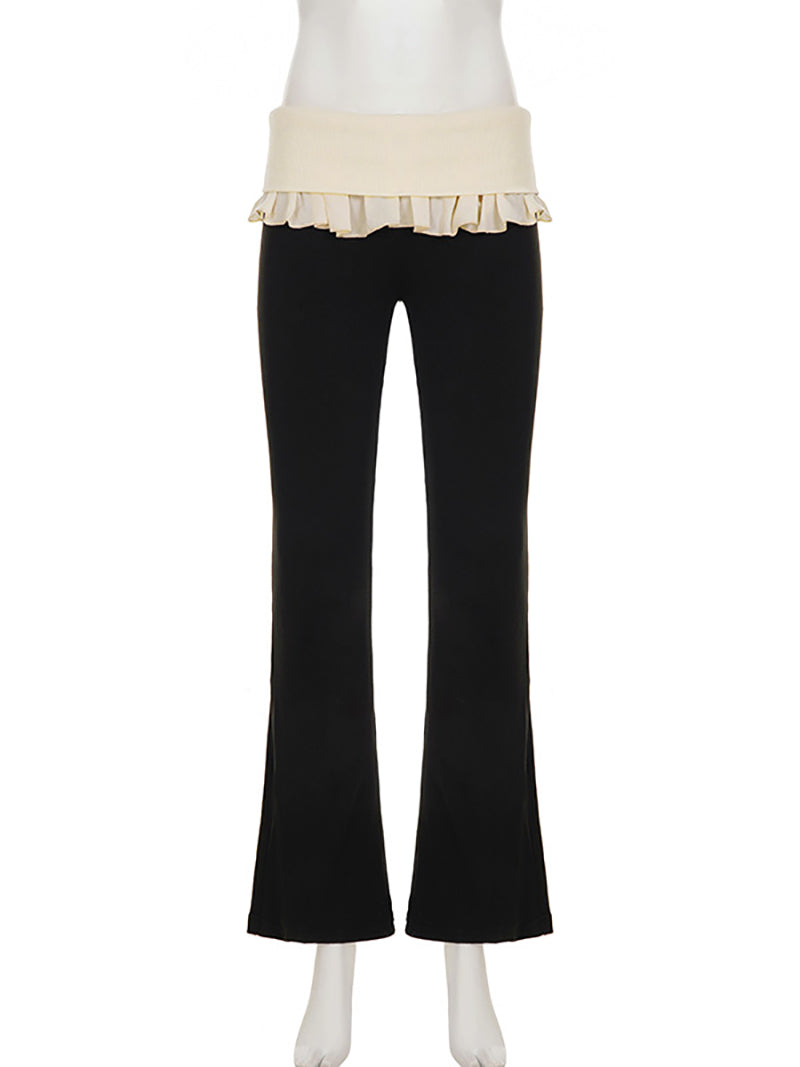 Casual Rib Knit Ruffles Patchwork Trousers