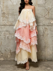 Elegant Spaghetti Strap Lace Maxi Tiered Dress
