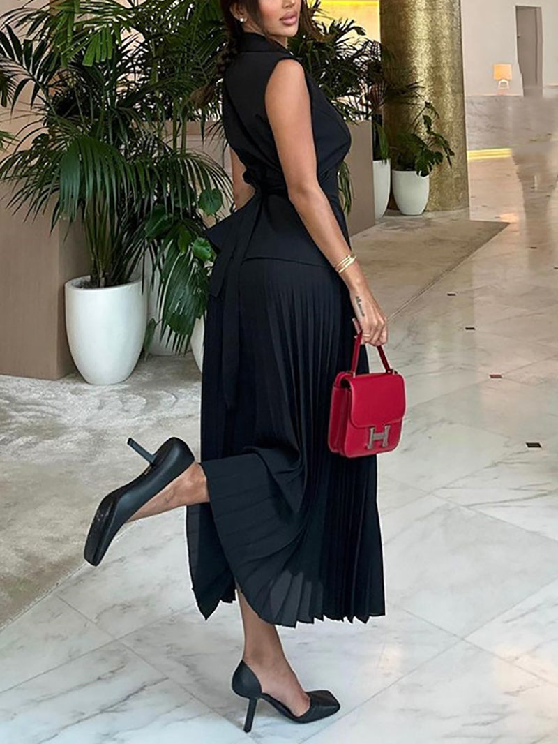 Notched Collar Cinched Waist Blazer With Pleated Skirt