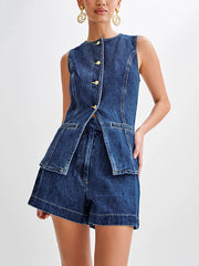 Casual Sleeveless High Waist Two Piece Denim Shorts Set