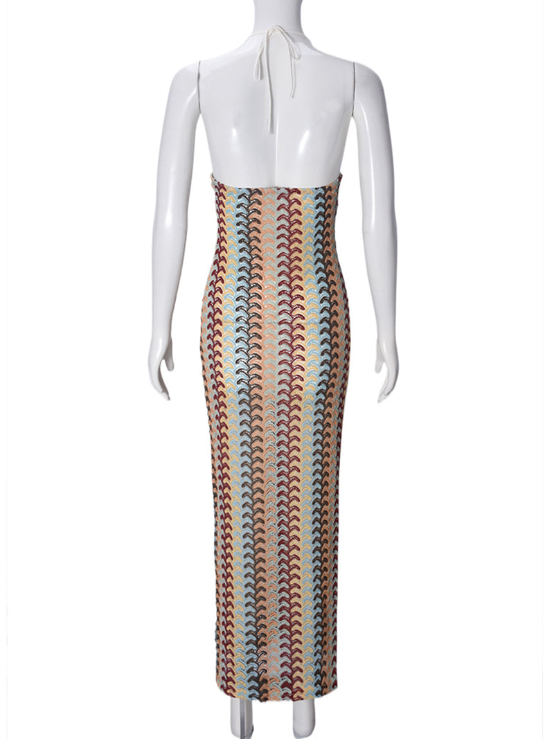 Sexy V-Neck Halter Vacation Knit Crochet Maxi Dress
