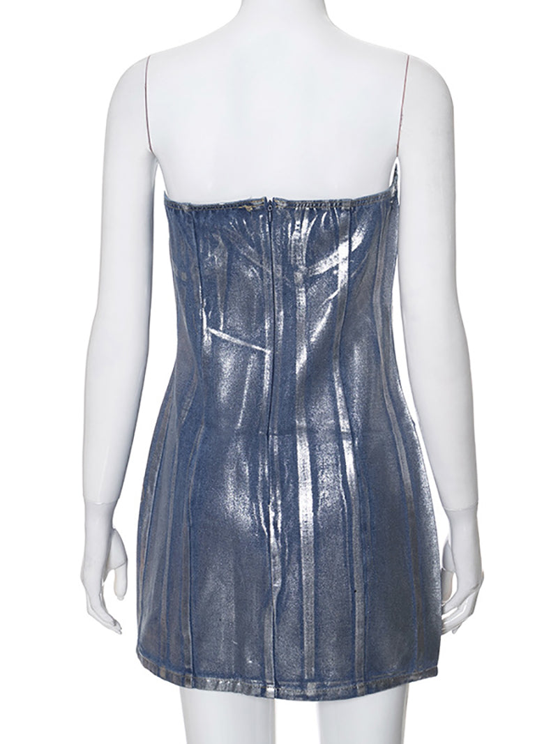 Sexy Strapless Metallic Denim Mini Dress