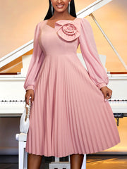 V Neck Lantern Sleeve Flower Decor Pleated Midi Dress