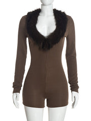Plush Trim V Neck Long Sleeve Ribbed Romper