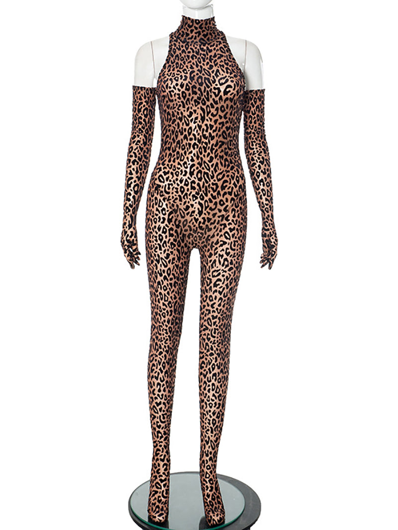 Sexy Leopard Mock Neck Off Shoulder Jumpsuit
