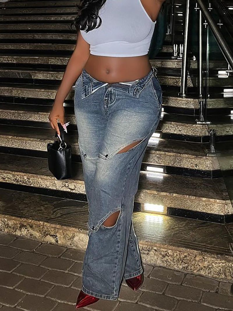 Fashion High Waist Cutout Button Up Jeans