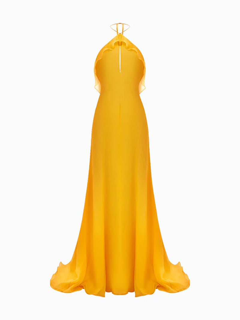 Elegant Sheer Mesh Ruffle Backless Halter Maxi Dress