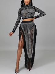 Rhinestone Mesh See Through Nightclub Two Piece Set