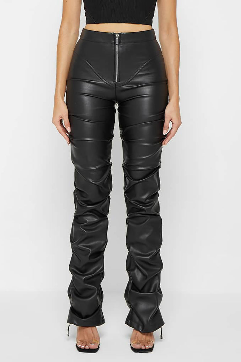 Casual PU Leather Ruched Pants