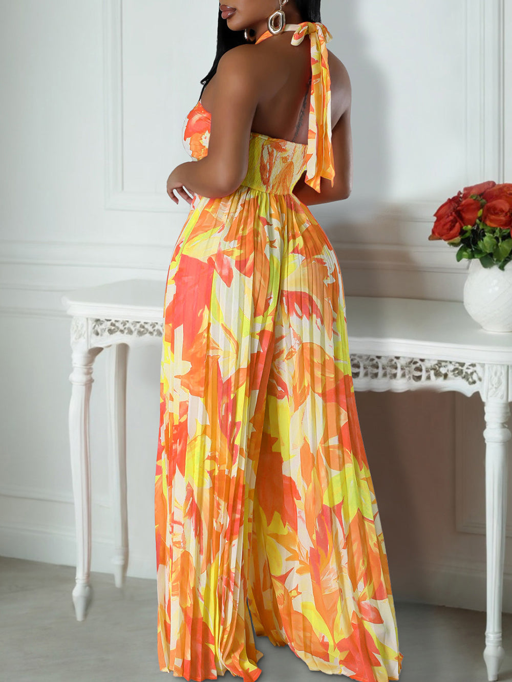 Halter Print Pleated Wide Leg Jumpsuit