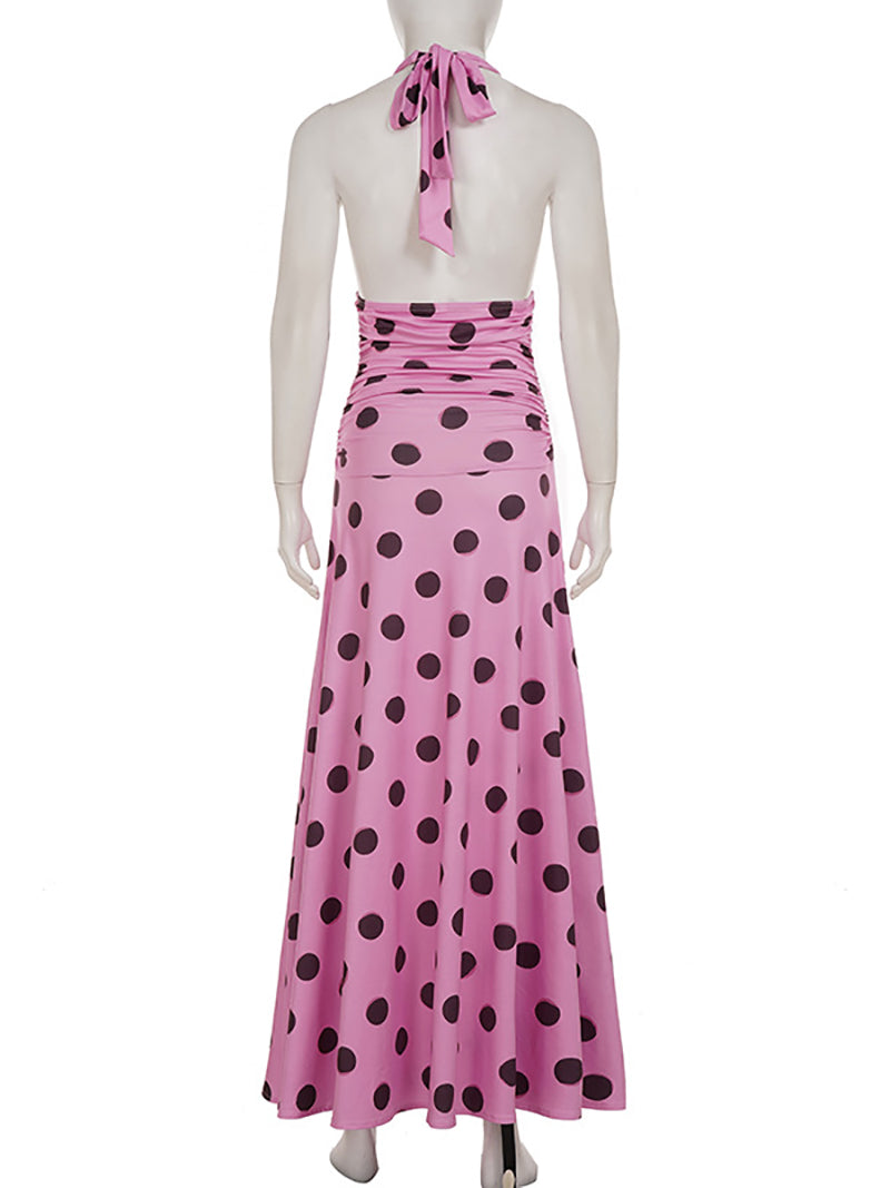 Elegant Dot Print Pleated Halter Backless Maxi Dress