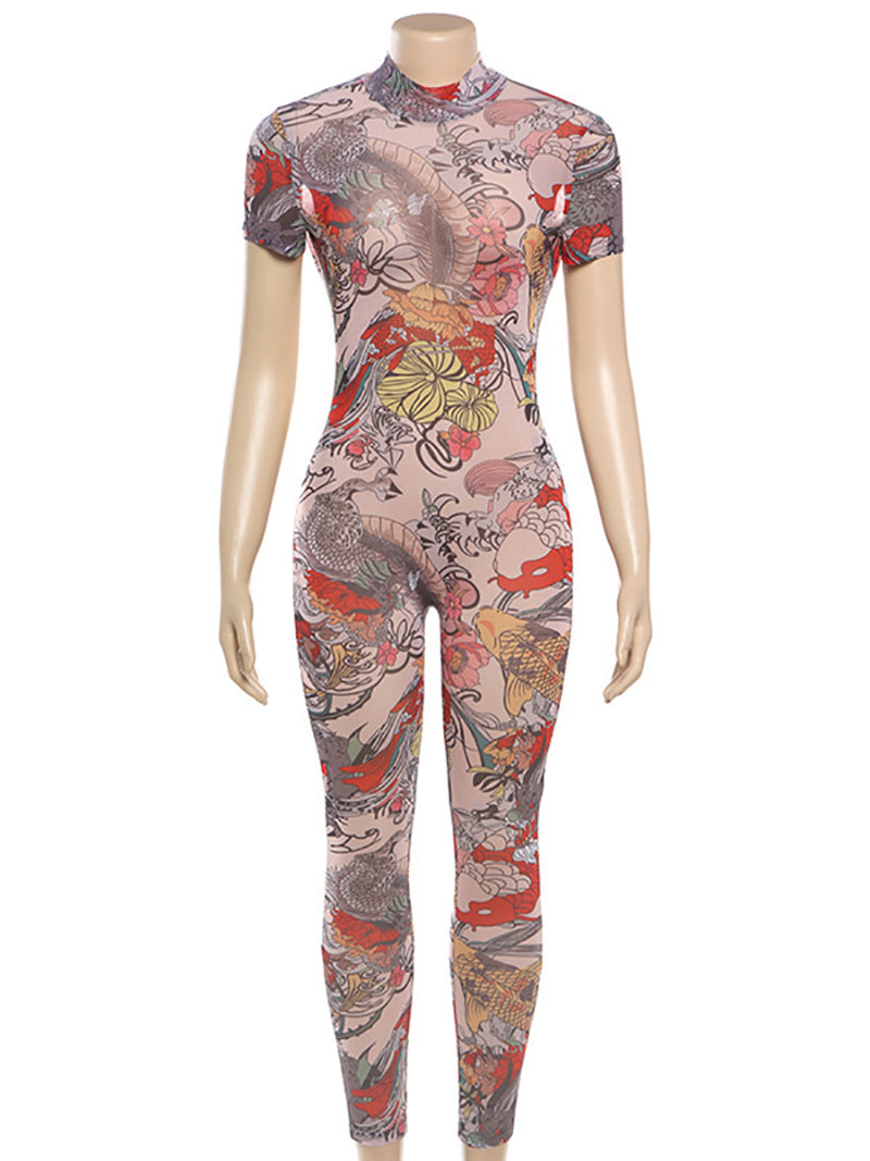 Sexy Print See Through Mesh Bodycon Jumpsuit