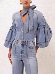 Casual V-Neck Balloon Sleeve Denim Blouse