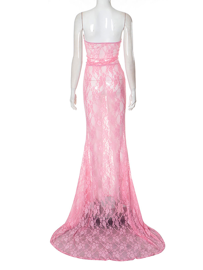 Sexy See-Through Lace Corset Strapless Maxi Dress