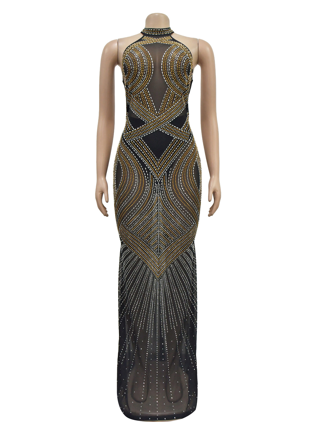 Sexy Halter Rhinestone Sheer Mesh Party Club Dress