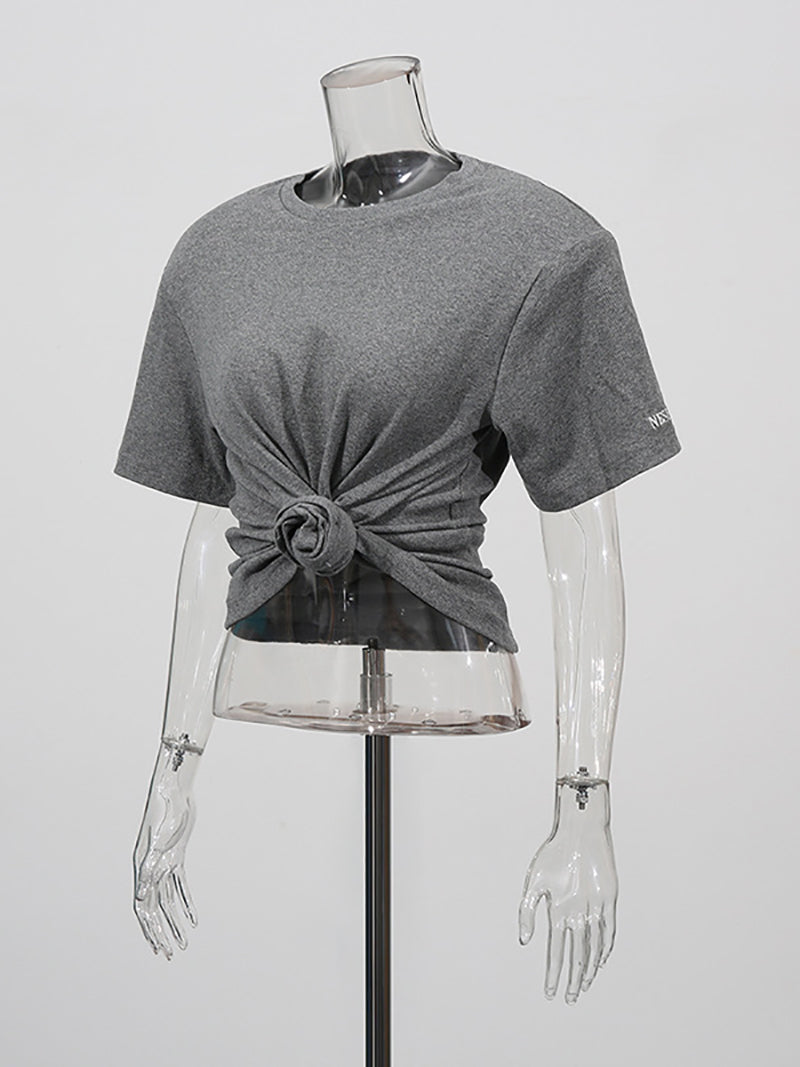 Casual Round Neck Ribbed Elastic Slim Cropped T-Shirt