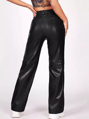 Solid PU Leather Straight Leg Black Pants