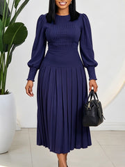 Puff Sleeve Pleated High Waist Midi Dress