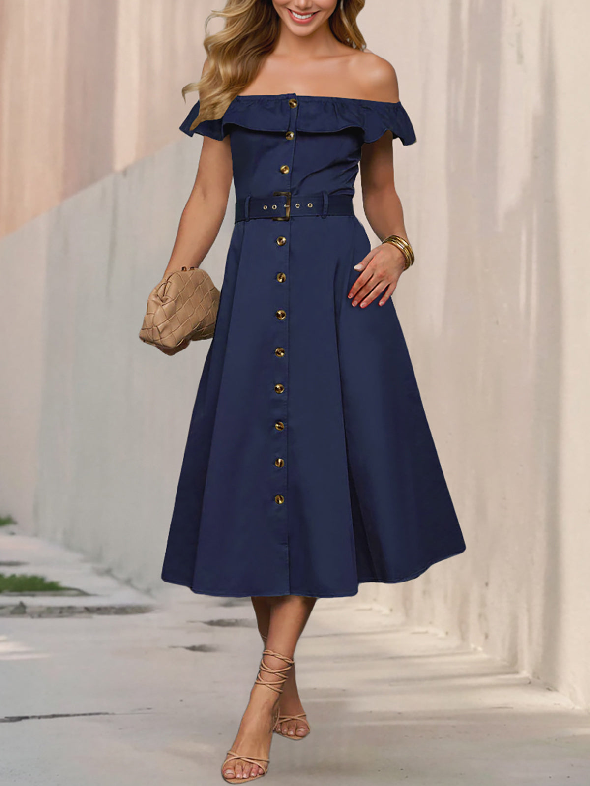 Fashion Off Shoulder Ruffle Slim Midi Dress