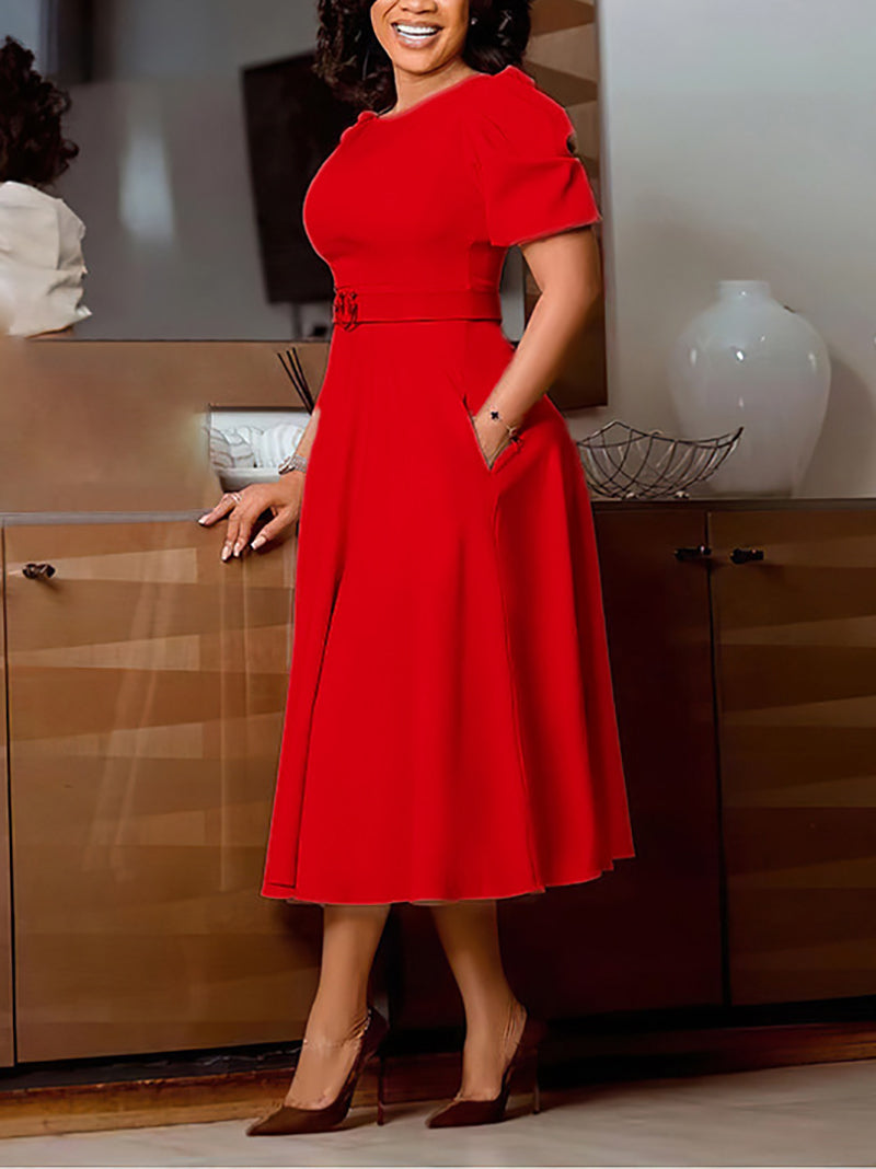 Elegant Round Neck Bubble Sleeve A-line Midi Dress