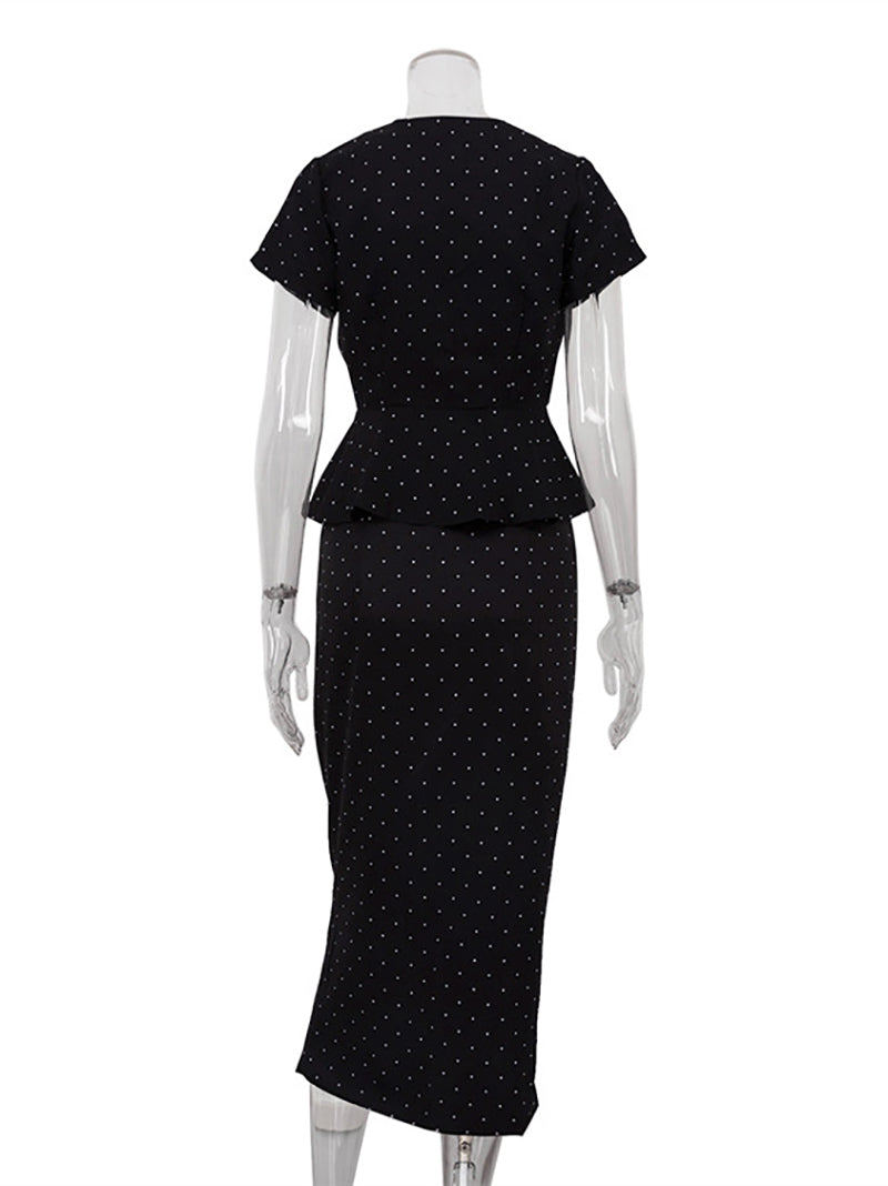 Polka Dot Print Slim Shirt High Waist Midi Skirt Set