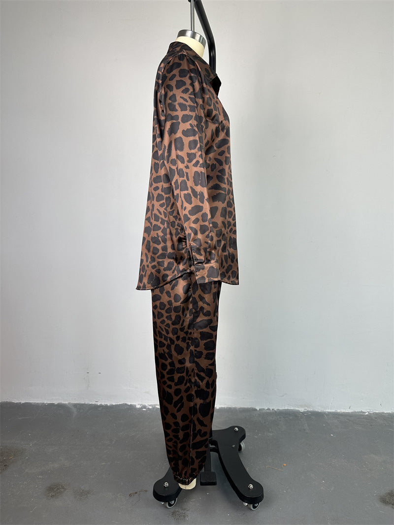 Vintage Leopard Print Shirt And Slim Pants Set