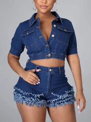 Casual Crop Denim Top Tassels Shorts Two Piece Set