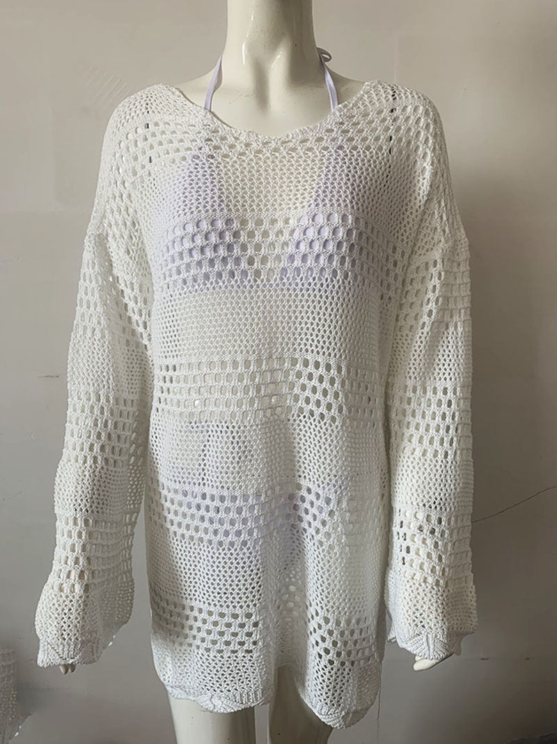 Knitted Hollow out Long Sleeve Loose Beach Dress