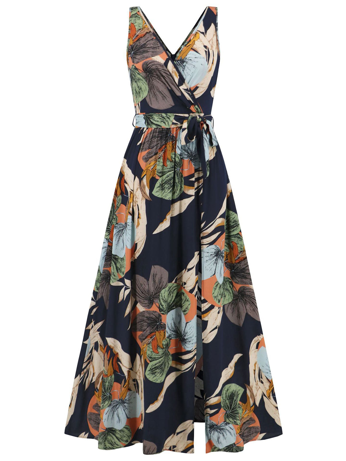 Sexy V Neck Print Sleeveless High Slit Dress