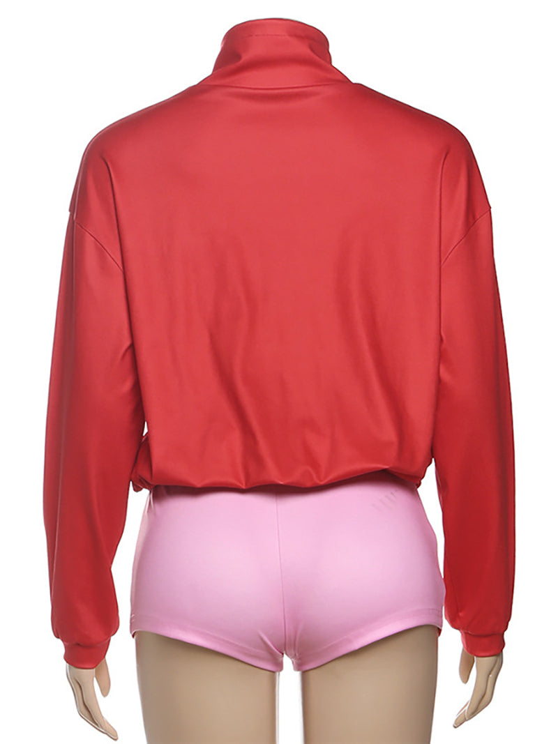 Long Sleeve Color Block Sport Jacket Shorts 2 Piece Set