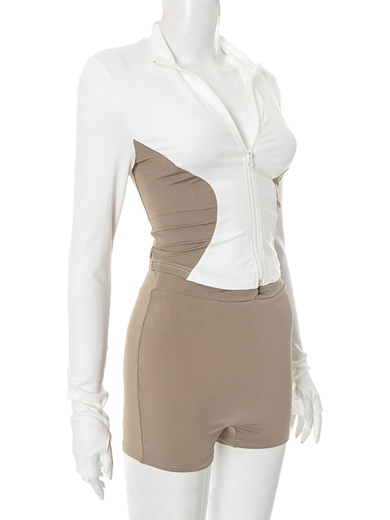 Stand Collar Contrast Color Slim Top Skinny Shorts Sets