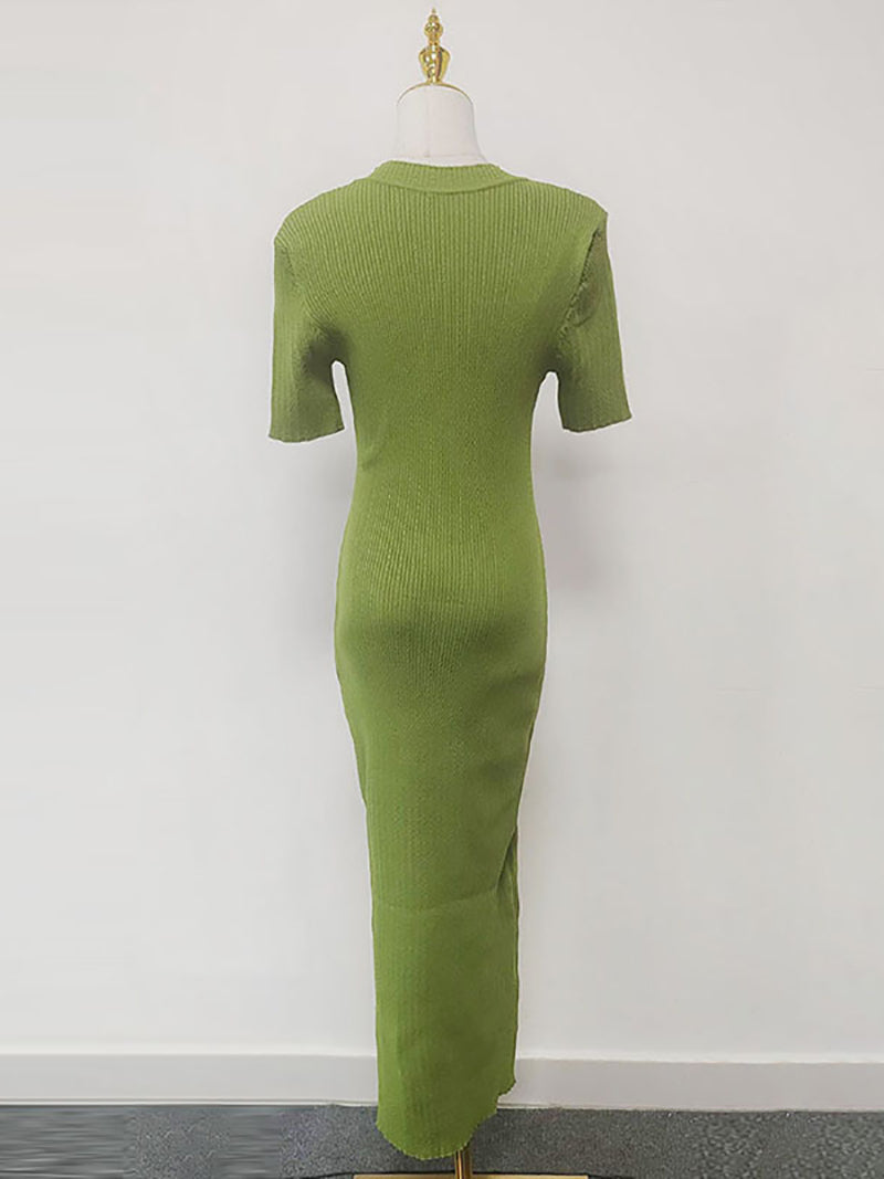 Elegant Round Collar Bodycon Knit Maxi Dress