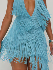 Halter Fringe High Low Evening Dress