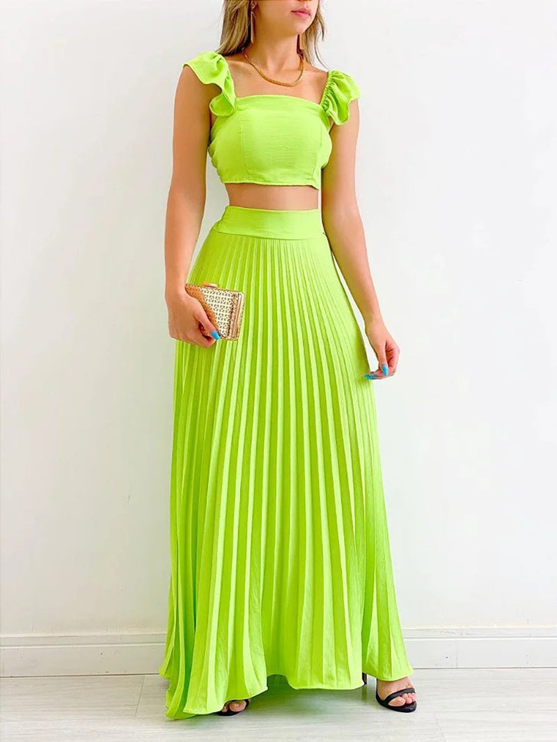 Ruffle Top and Pleated Skirt Two Piece Set