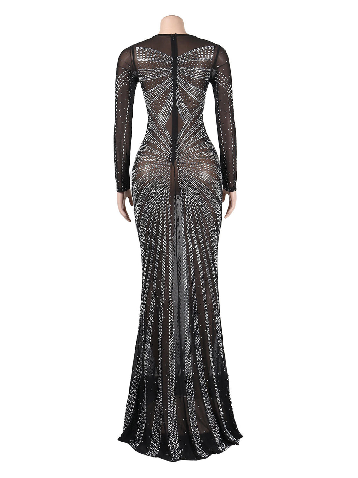 Rhinestone Sheer Mesh Patchwork Slim Maxi Dress