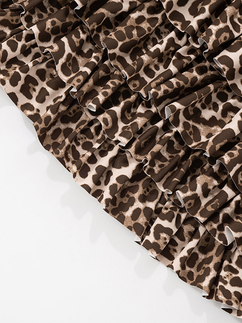 Leopard Print Lace Strapless Top Tiered Mini Skirt Sets
