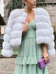 Collarless Tiered Faux Fur Cropped Jacket
