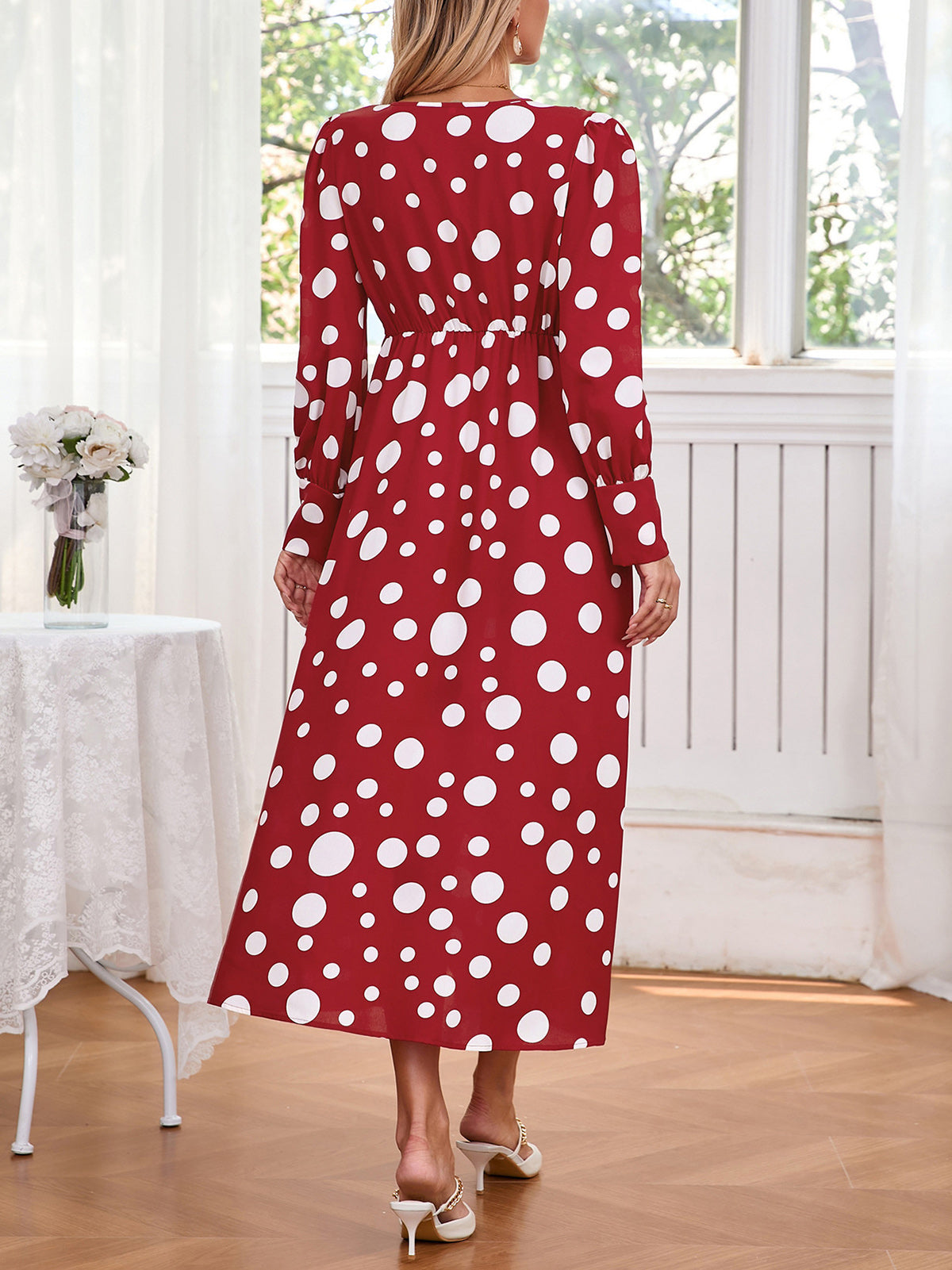 Casual V Neck Polka Dot Print Long Sleeve Dress