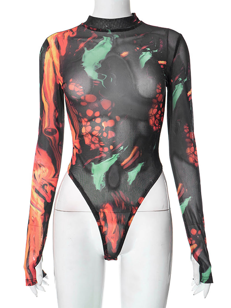 Sexy Tie Dye Mesh Teddy Lingerie Bodysuit