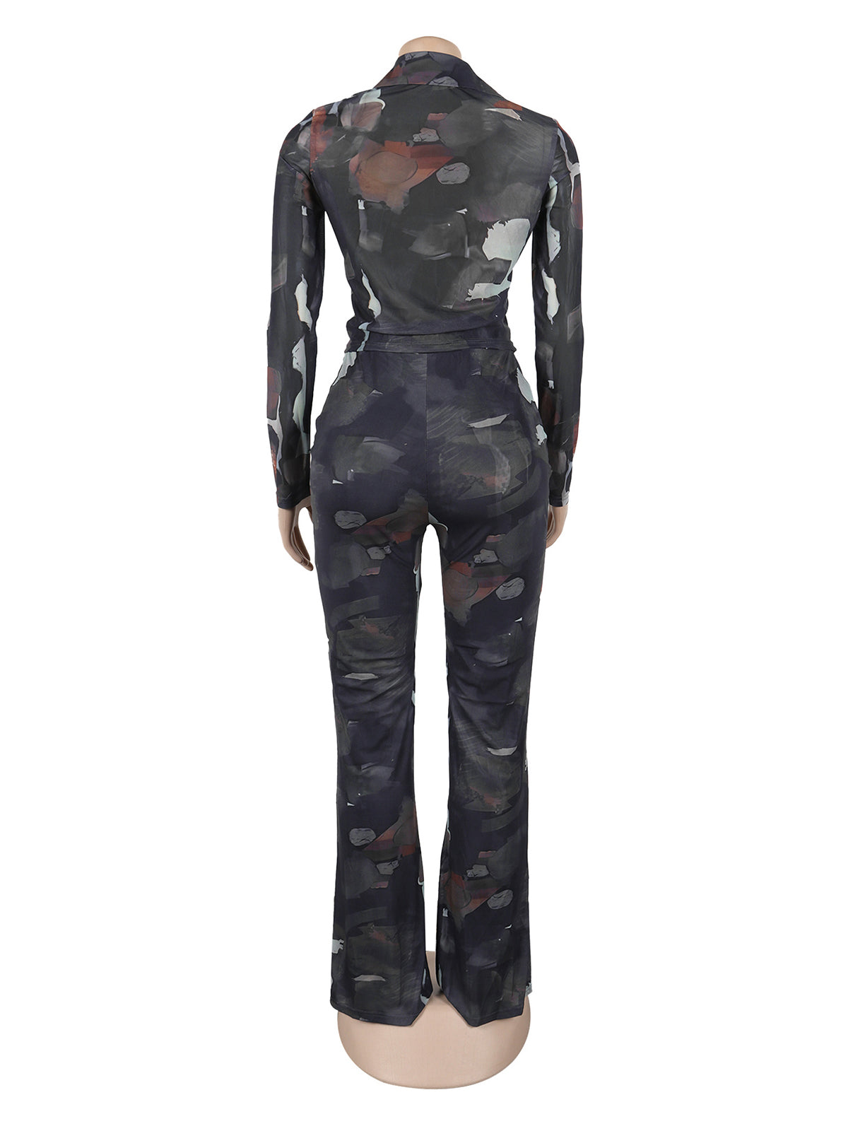 Sheer Mesh Print Shirt Long Pants Casual Set