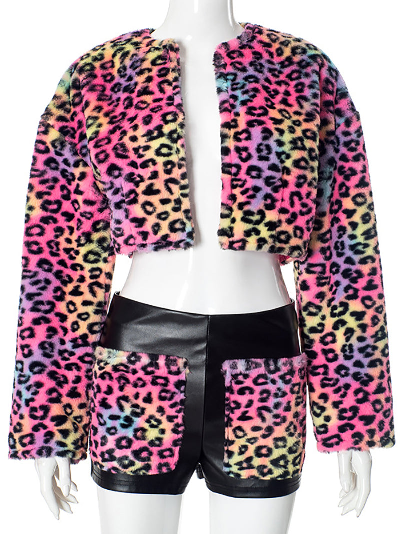 Colorful Leopard Fur And Leather Patchwork Short