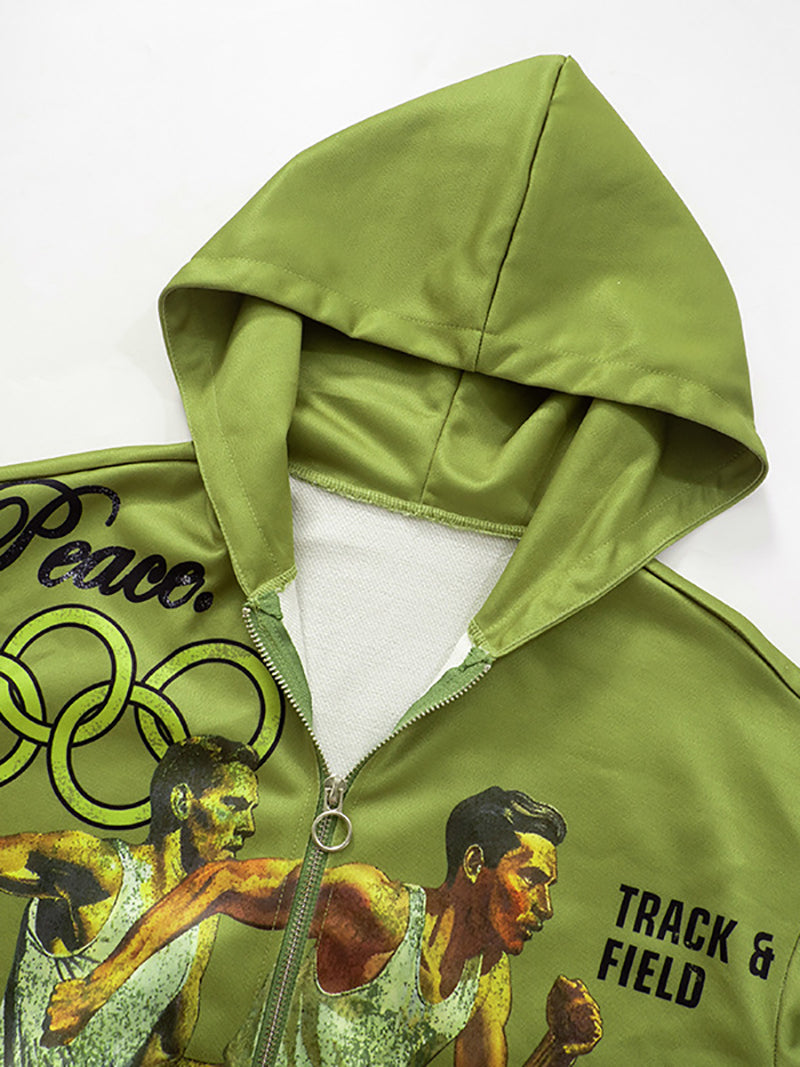 Olive Olympic Zip Up Hoodie Jackets