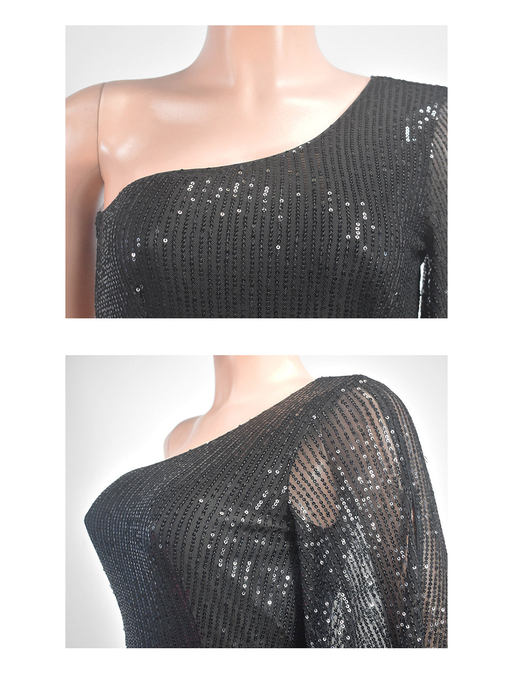 Slash Shoulder Sequin Mesh Bodycon Dress