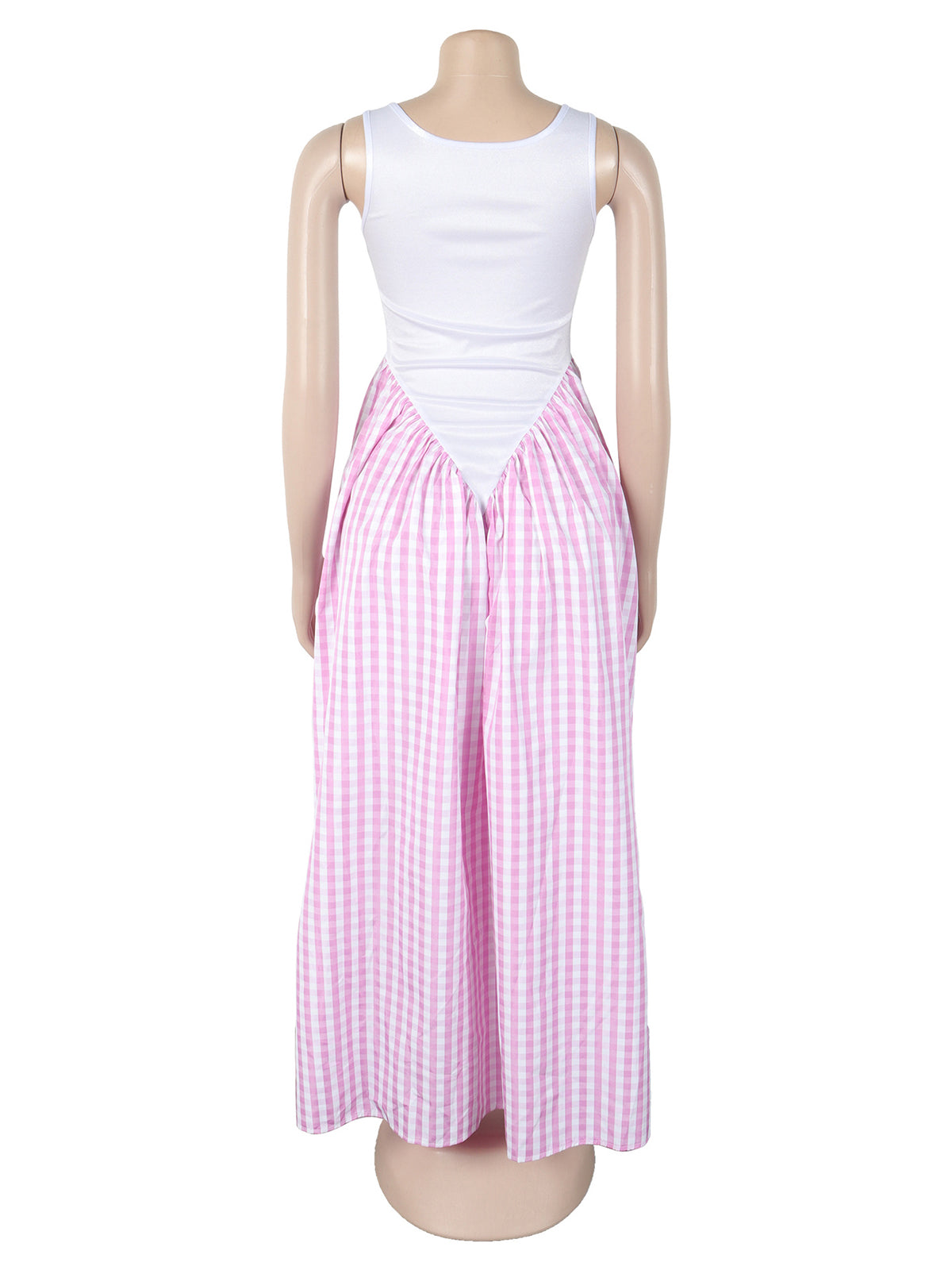 Fashion U Neck Plaid Patchwork Pleated Maxi Dress