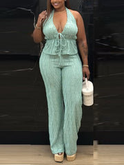 Casual Sleeveless Jacquard Halter Top And Pants Set