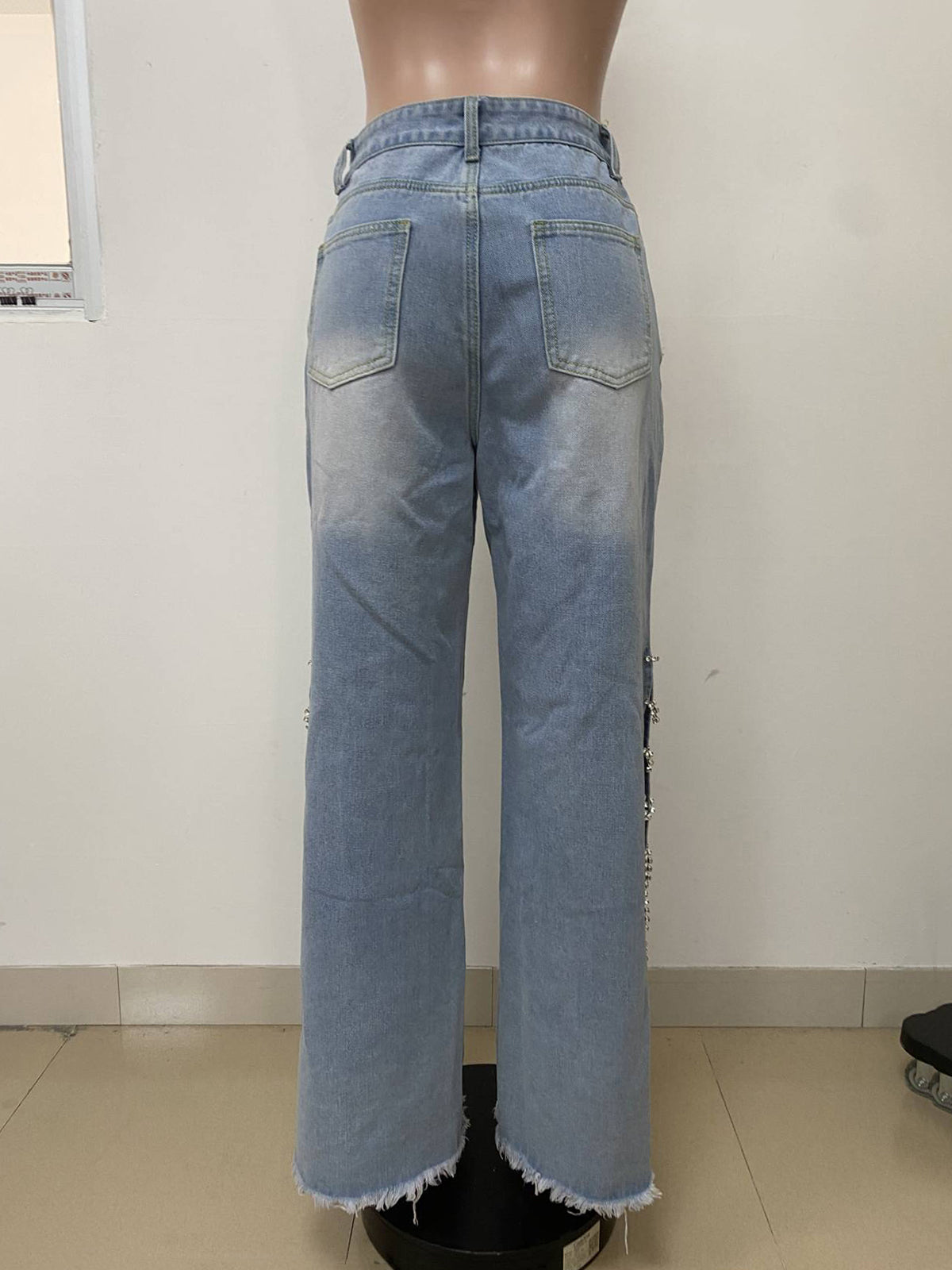 Fashion Split Metal Chain Diamond Straight Jeans